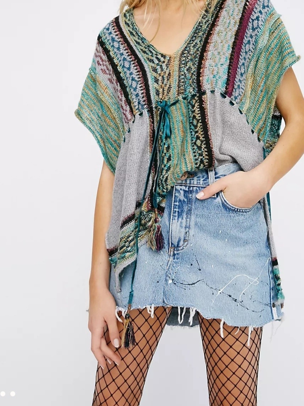 Free People Moonlit Path Pullover Sweater Tunic S Boho Mixed Knit Tassel